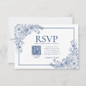  marineblauw (Floral Line) Art QR-code RSVP Kaartje (Voorkant)