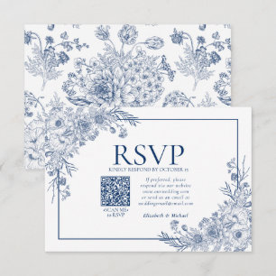  marineblauw (Floral Line) Art QR-code RSVP Kaartje