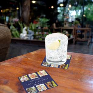 Marineblauw fotocollage verjaardagsfeestje kartonnen onderzetters