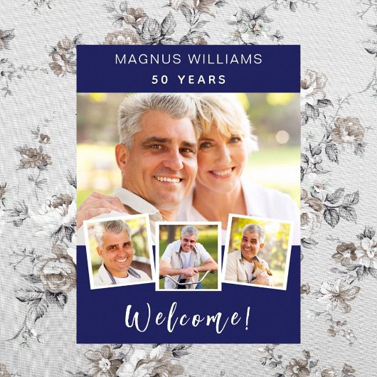 Marineblauw fotocollage verjaardagsfeestje welkom poster