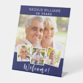 Marineblauw fotocollage verjaardagsfeestje welkom reclamebord met voetstuk (Voorkant)