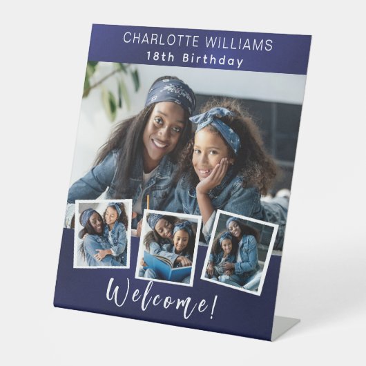 Marineblauw fotocollage verjaardagsfeestje welkom reclamebord met voetstuk (Voorkant)