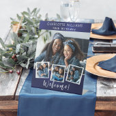 Marineblauw fotocollage verjaardagsfeestje welkom reclamebord met voetstuk