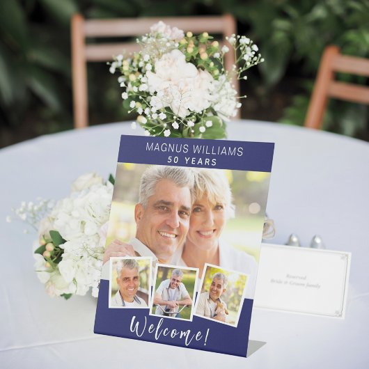 Marineblauw fotocollage verjaardagsfeestje welkom reclamebord met voetstuk