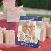 Marineblauw fotocollage verjaardagsfeestje welkom reclamebord met voetstuk