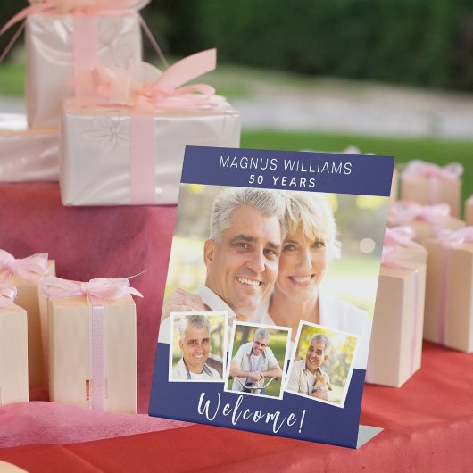 Marineblauw fotocollage verjaardagsfeestje welkom reclamebord met voetstuk