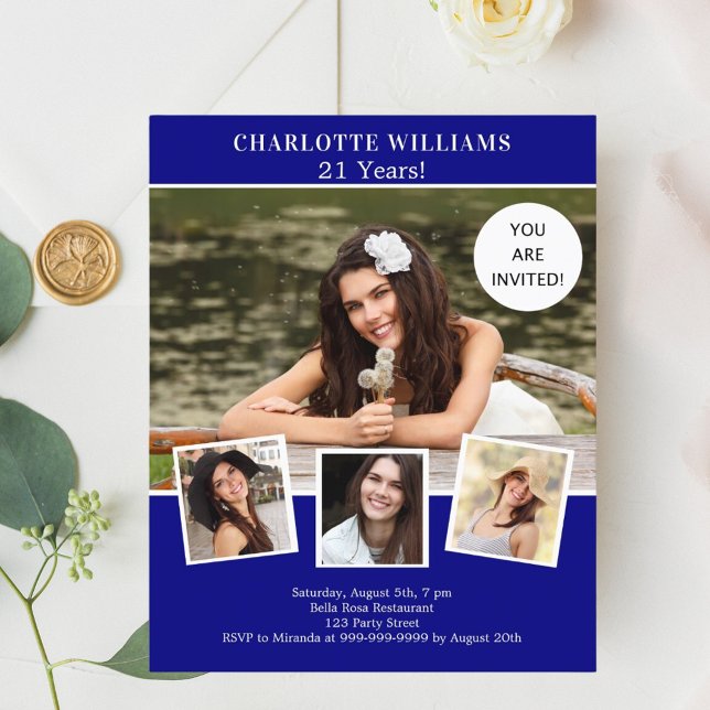 Marineblauw fotocollage verjaardagsuitnodiging (Creator heeft geüpload)