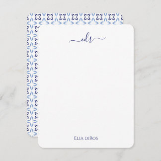 Marineblauw, Frans Blauw & Wit Monogram Note Kaart Notitiekaartje