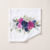 Marineblauw & Fuchsia Bloem Monogram Bad Handdoek (Wasdoekje)