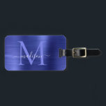 Marineblauw geborsteld Metal Girly Script Monogram Bagagelabel<br><div class="desc">Marineblauw geborsteld Metalen Script Monogram Schattige Bag Label</div>