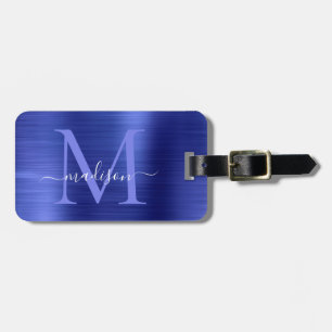 Marineblauw geborsteld Metal Girly Script Monogram Bagagelabel
