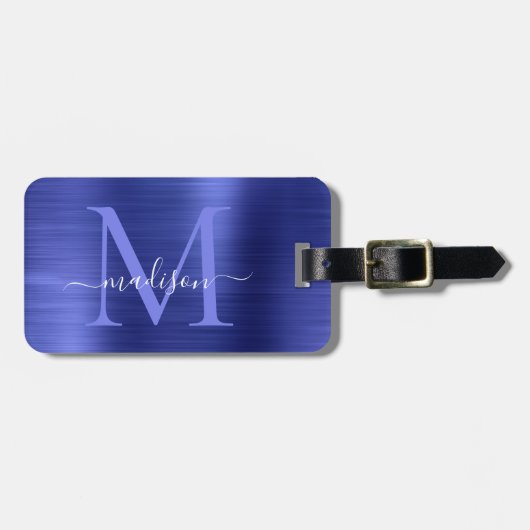 Marineblauw geborsteld Metal Girly Script Monogram Bagagelabel (Voorkant horizontaal)