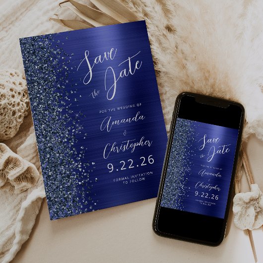 Marineblauw geborsteld metalen script Save the Dat Aankondiging