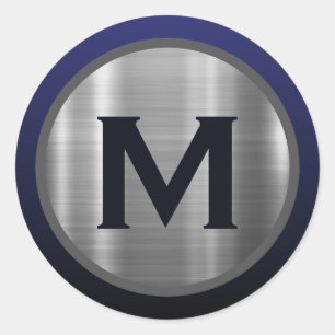 Marineblauw Geborsteld Zilver Monogram Ronde Sticker