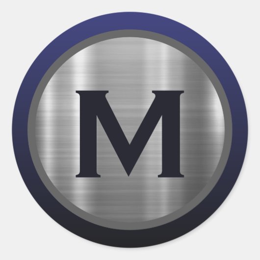 Marineblauw Geborsteld Zilver Monogram Ronde Sticker (Voorkant)