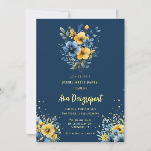 Marineblauw geel bloemengoud vrijgezellenfeest kaart (Voorkant)