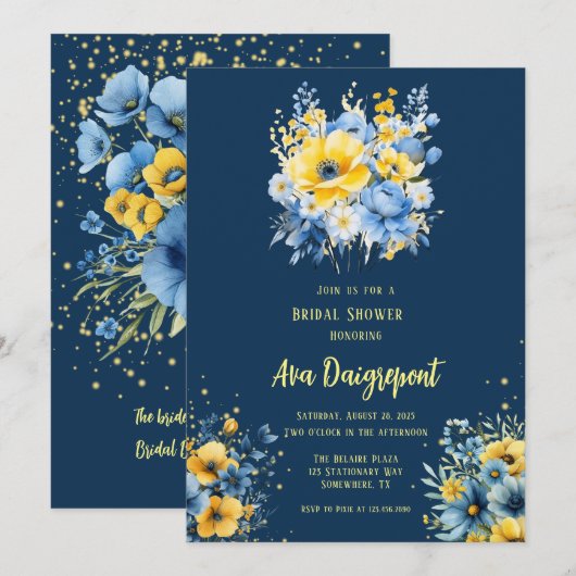 Marineblauw geel bloemengoud Vrijgezellenfeest Kaart (Voorkant / Achterkant)