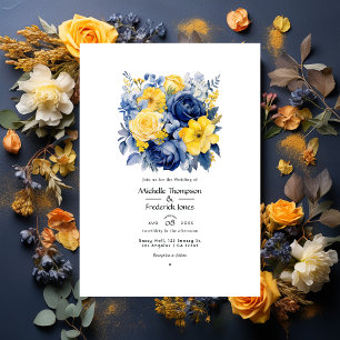 Marineblauw, Geel en Blauw Bloemig Huwelijk Kaart