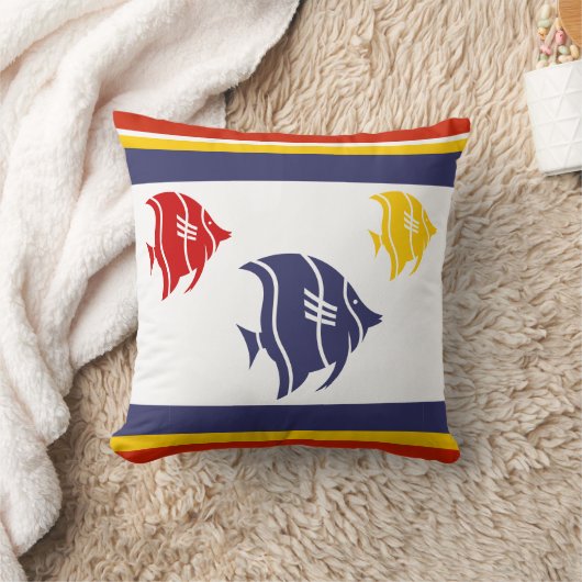 marineblauw, geel en rode vis op wit kussen (Deken)