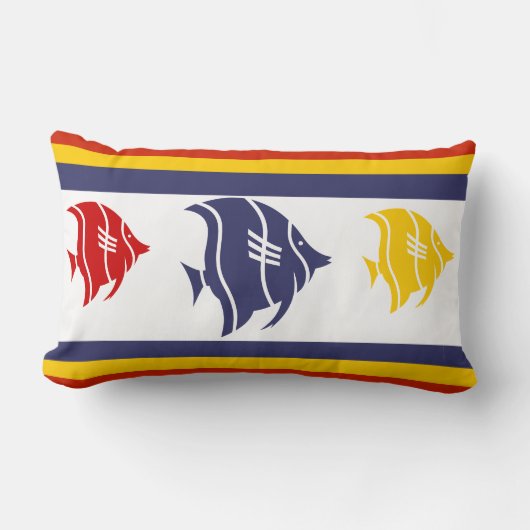 marineblauw, geel en rode vis op wit kussen (Voorkant)