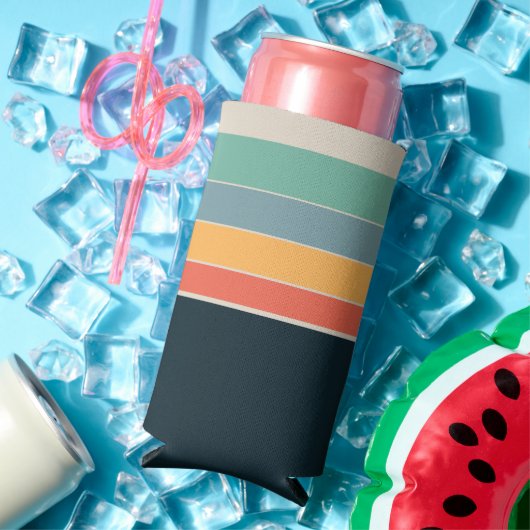 Marineblauw geel en roze 80s  strepen seltzer blikjeskoeler (Insitu Zomer)