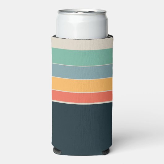 Marineblauw geel en roze 80s  strepen seltzer blikjeskoeler (Seltzer Voorkant)