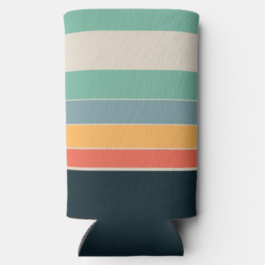 Marineblauw geel en roze 80s strepen seltzer blikjeskoeler (Achterkant)