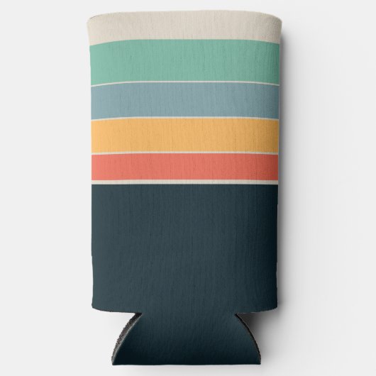 Marineblauw geel en roze 80s  strepen seltzer blikjeskoeler (Voorkant)