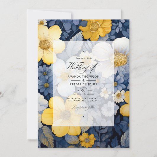 Marineblauw, Geel en Wit Bloemens Bruiloft Kaart (Voorkant)