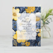 Marineblauw, Geel en Wit Bloemens Bruiloft Kaart (Staand voorkant)