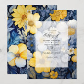 Marineblauw, Geel en Wit Bloemens Bruiloft Kaart (Voorkant / Achterkant)