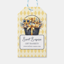 Marineblauw geel geschenkmand cadeaulabel