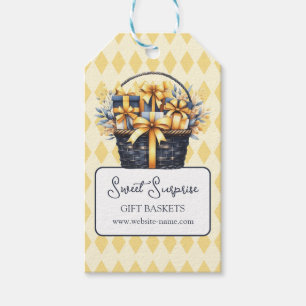 Marineblauw geel geschenkmand cadeaulabel