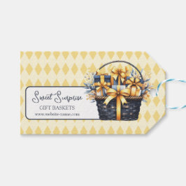 Marineblauw geel geschenkmand cadeaulabel