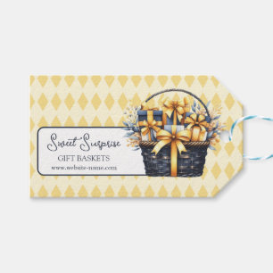 Marineblauw geel geschenkmand cadeaulabel