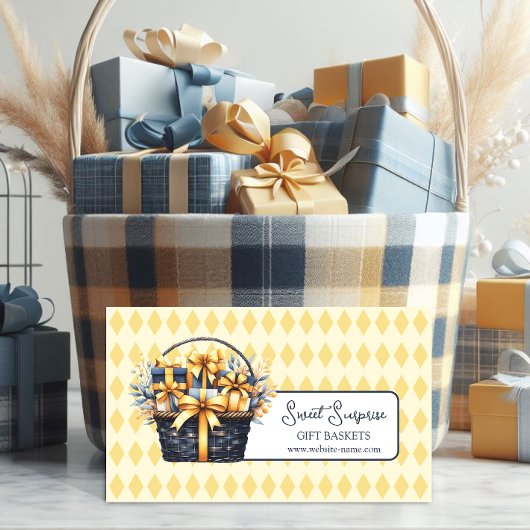 Marineblauw geel geschenkmand visitekaartje