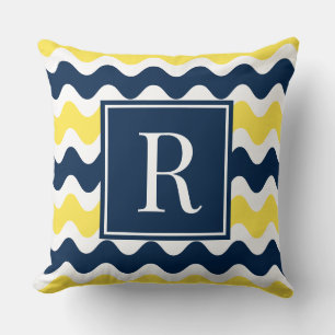 Marineblauw & Geel Preppy Ric Rac Streep Monogram  Kussen