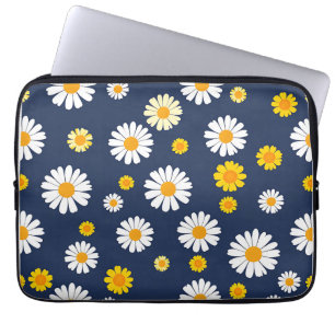 Marineblauw Gele Madeliefjes Bloem Motief Eenvoudi Laptop Sleeve