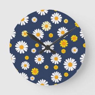 Marineblauw Gele Madeliefjes Bloem Motief Eenvoudi Ronde Klok