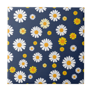 Marineblauw Gele Madeliefjes Bloemmotief Eenvoudig Tegeltje