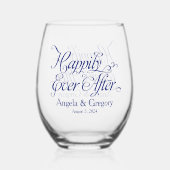 Marineblauw gelukkig ooit na bruiloft wijnglas zonder voet (Voorkant)