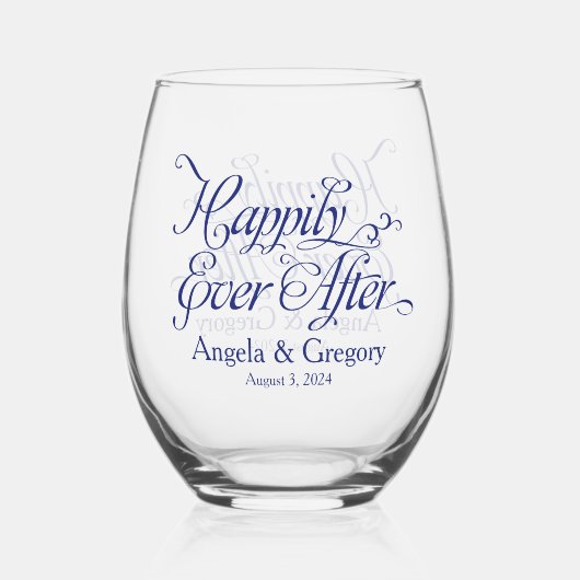 Marineblauw gelukkig ooit na bruiloft wijnglas zonder voet (Achterkant)