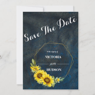 Marineblauw & Geometrisch Gouden Zonnebloemen Save The Date