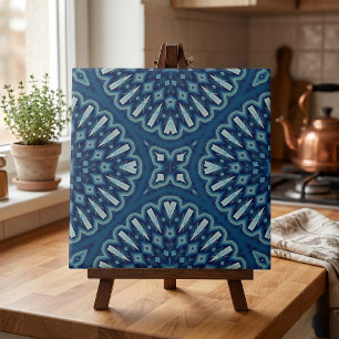 Marineblauw Geometrisch Kaleidoscoop Mozaïekpatroo Tegeltje