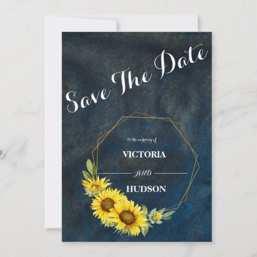 Marineblauw & Geometrische Gouden Zonnebloemen Save The Date (Voorkant)