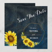 Marineblauw & Geometrische Gouden Zonnebloemen Save The Date (Voorkant / Achterkant)