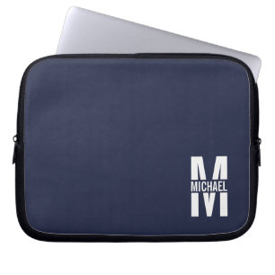Marineblauw gepersonaliseerd monogram en naam laptop sleeve