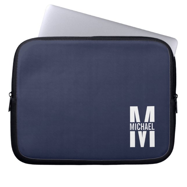 Marineblauw gepersonaliseerd monogram en naam laptop sleeve (Voorkant)