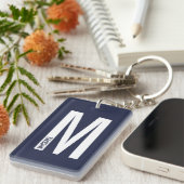 Marineblauw gepersonaliseerd vet monogram en naam sleutelhanger (Voorkant Rechts)