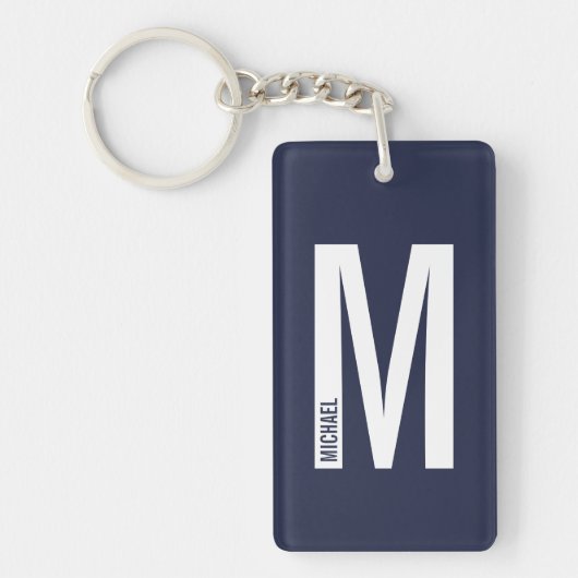 Marineblauw gepersonaliseerd vet monogram en naam sleutelhanger (Voorkant)